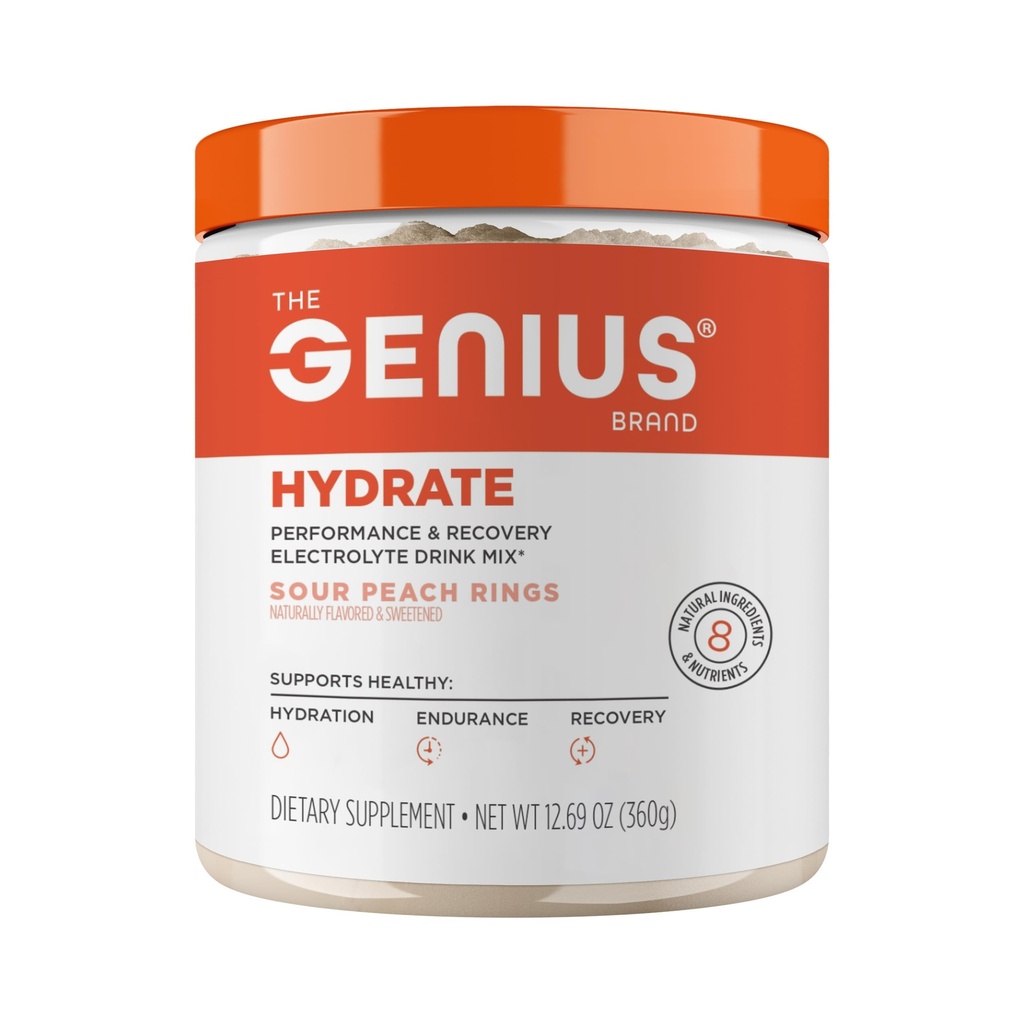 Genius Brand Genius Hydrate - Elektrolitski dodatek za dnevno hidracijo - Kokosova voda - brez sladkorja - 8 Eteričnih mineralov & hranil - Non-GMO - Sour Peach Rings - 50 Servingov