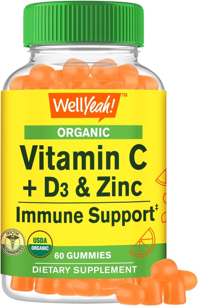 NowYeah Organic Vitamin C + D3 + Cink Gumies - Imunsko povečanje, antioksidant-Rich, in zdravje kosti podporo, USDA Organic, Vegan, in Non-GMO - Gluten-free, Nut-free Gummy - 60 grof