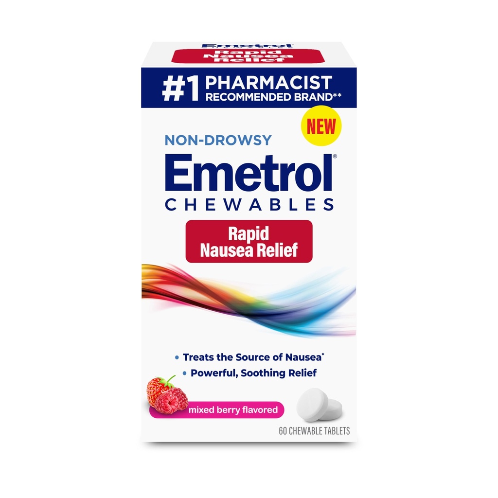 Emetrol non-Drowsy slabost Relief - žvečljivo zdravilo za razburkane želodčne sluznice - Pharmacist Priporočena slabost Relief - mešane jagodne arome, 60 tablet