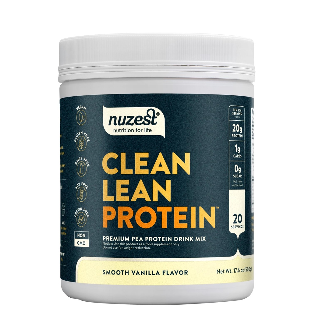 Nuzest - Pea Protein Powder - Čisti lean Protein, Premium Veganska rastlina na osnovi mleka, Brez glutena, Brez GSO, naravno sladkane Protein Shake, Smooth Vanilla, 20 Serving, 1,1 lb