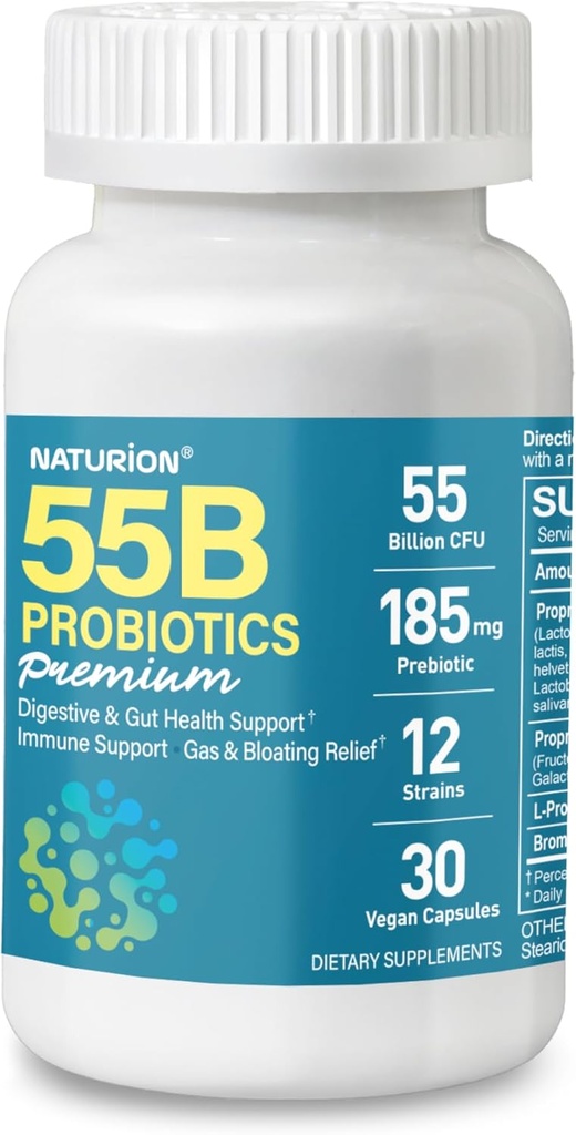 55B Probiotics Premium - 55 milijard CFU, 12 sevi, 185mg Prebiotične - Imunska podpora, Prebavne in Gut zdravje - podpira občasno zaprtje, plin in napenjanje - 30 Veganske kapsule, 30 dnevna oskrba