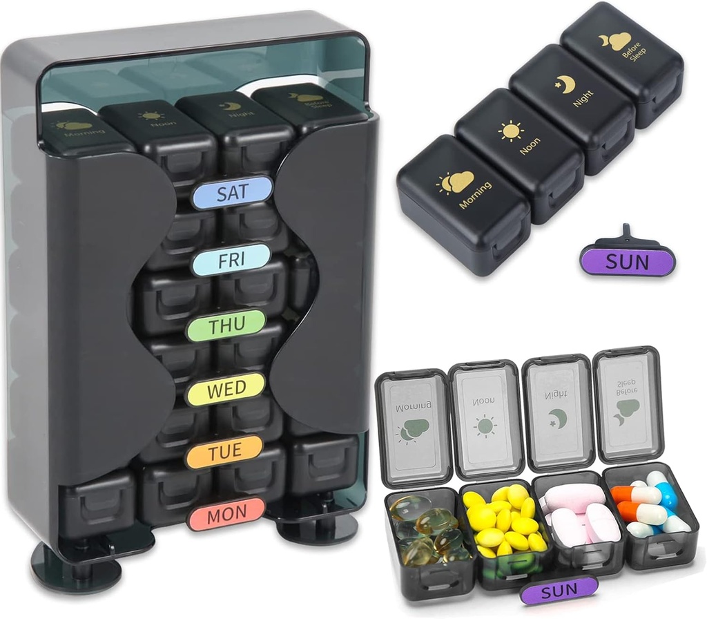 Tedenske tablete Organizator 7 Dan 4 krat na dan, velike tablete Box Organizator z draser zasnovan, Daily Pill Organizer za zadrževanje medicine, Medication, Vitamini in ribje olje (črna)