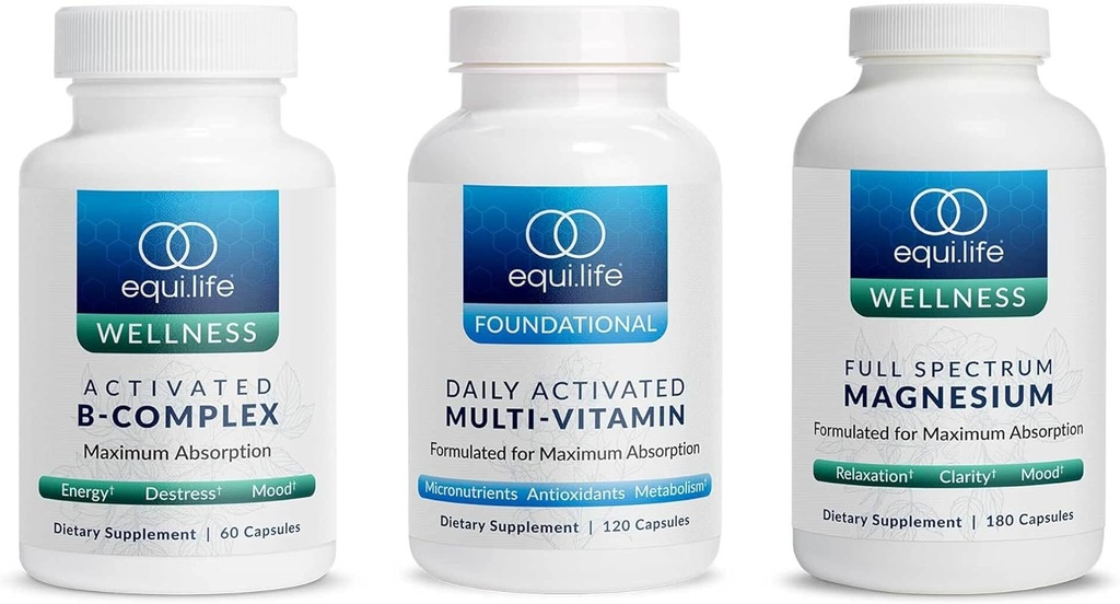 Equilife - Aktiviran B kompleks (60 ct.), Celoten spekter Magnezij (180 ct.), Dnevno aktiviran multivitamin (30 strežnikov)