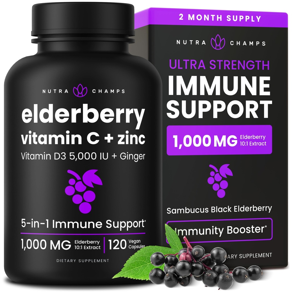 NutraChamps Bezgove jagode z vitaminom C in cinkom - 5 v 1 Imuniteta dodatek, 10.000mg Sambucus Črna Bezgove kapsule z vitaminom D3 5000 i.e., Samobucus Bezgov ekstrakt Imunska podpora za odrasle