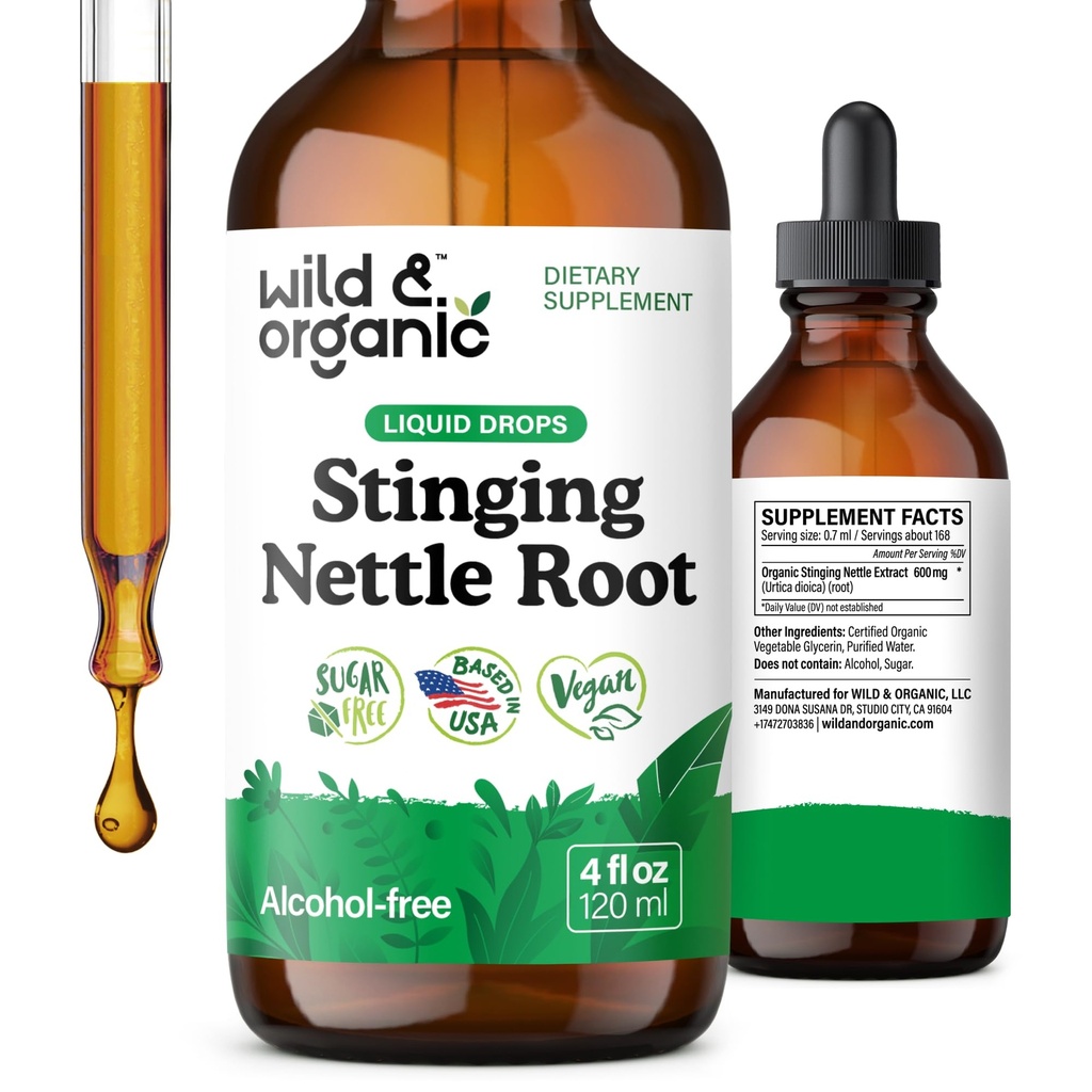 Wild & Organic Stinging Nettle Tinkture - Stinging Nettle Root Extract kapljice za moške in ženske - Tekoča Urtica Dioica dodatek - Vegan, sladkor in alkohol brez - 4 fl oz