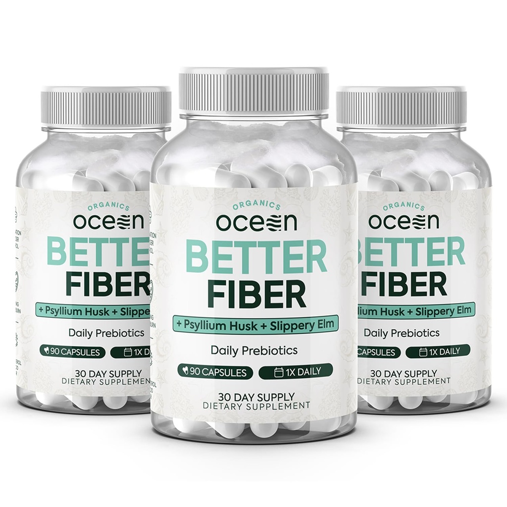 Organics Ocean Better Fiber - Daily Fiber Supplement - Soften Stool za gibanje brez napora Bowel - s Psyllium Hulk in Slippery Elm - 3 steklenice