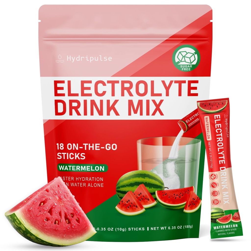 Elektrolitski paketi v prahu - brez sladkorja, naravno arome, 10 elektrolitov in vitaminov Elektrolitski pijača Mix - lubenice arome, Keto prijazno, Vegan, Ne- GSO, 18 paketov