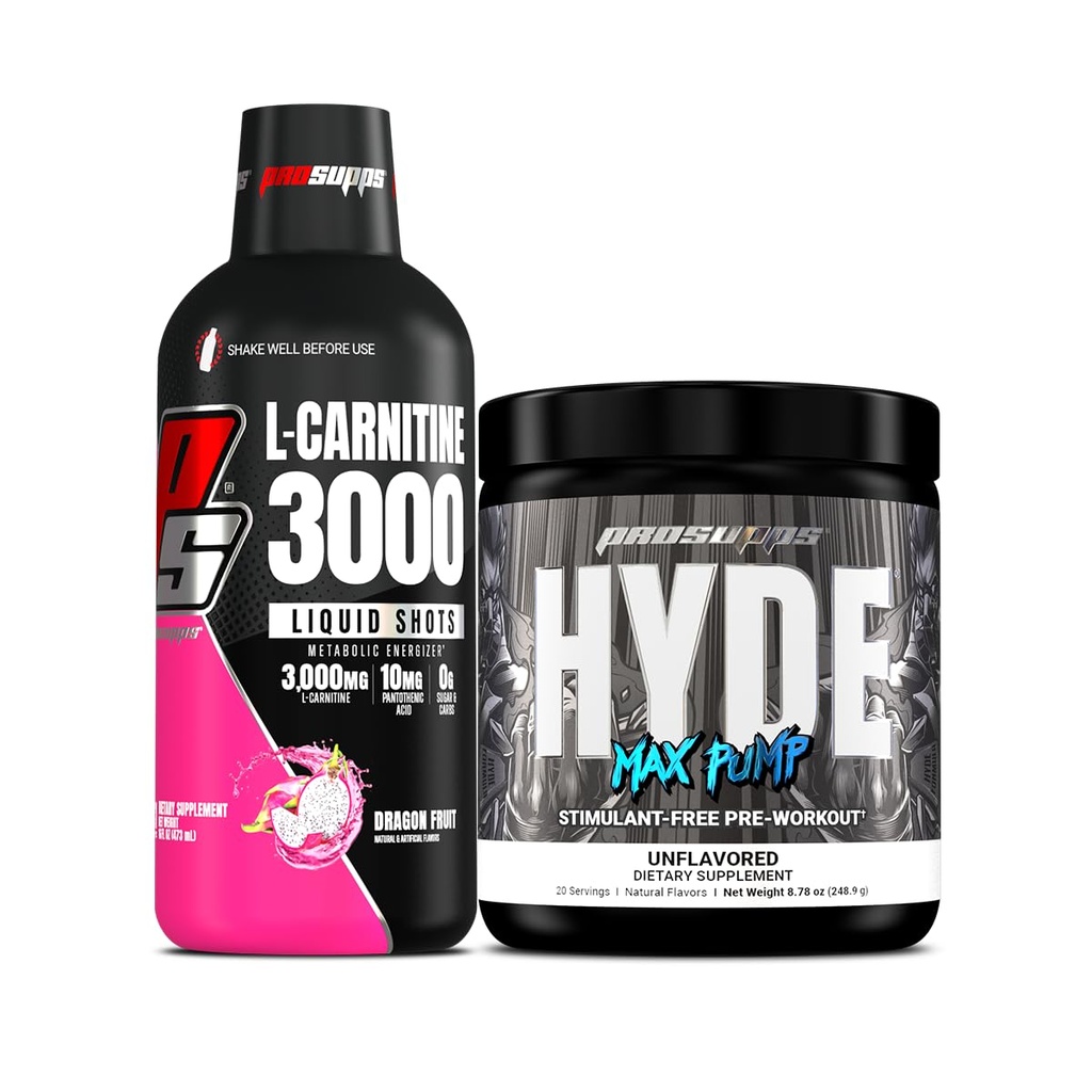 PROSUPPS L-karnitin 3000 Brezalkoholni tekoči streli (31 strežnikov, zmajevega sadja) in Hyde Max Črpalka pred vadbo za moške in ženske (20 strežnikov, brez arome)