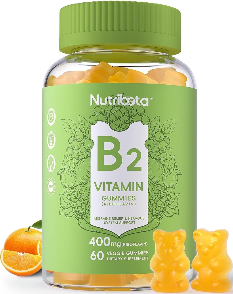 Brez sladkorja Vitamin B2 Gumies- Riboflavin 400mg 200mg z magnezijem, CoQ10 za odrasle in otroke, Vegan, 60 Število