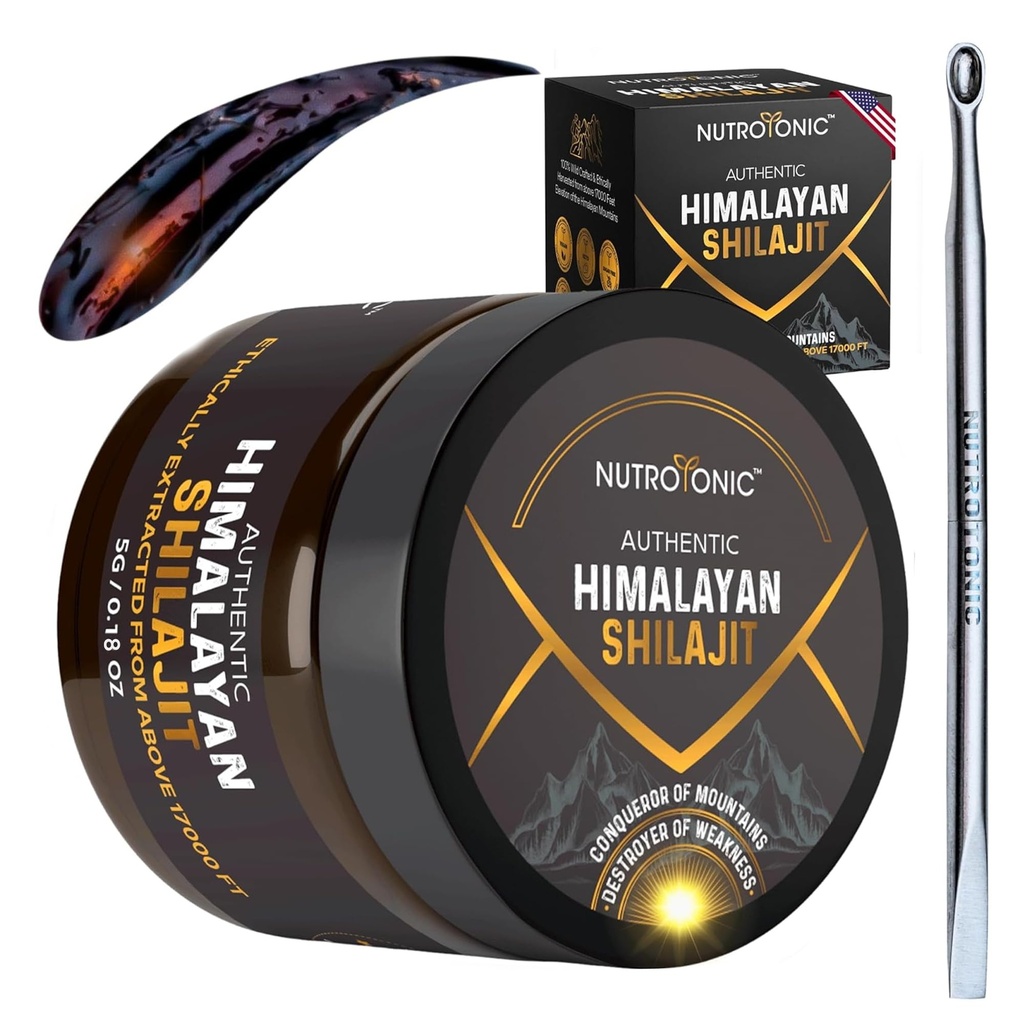 NutroTonic® avtentična himalajska Shilajit Resin za moške in ženske - zlata stopnja 86% Fulvic Acid - Wild Crafted +17000 FT – 40x Nano Filtriran & Sun posušen - 3. stranka laboratorij Tested - 5g Jar