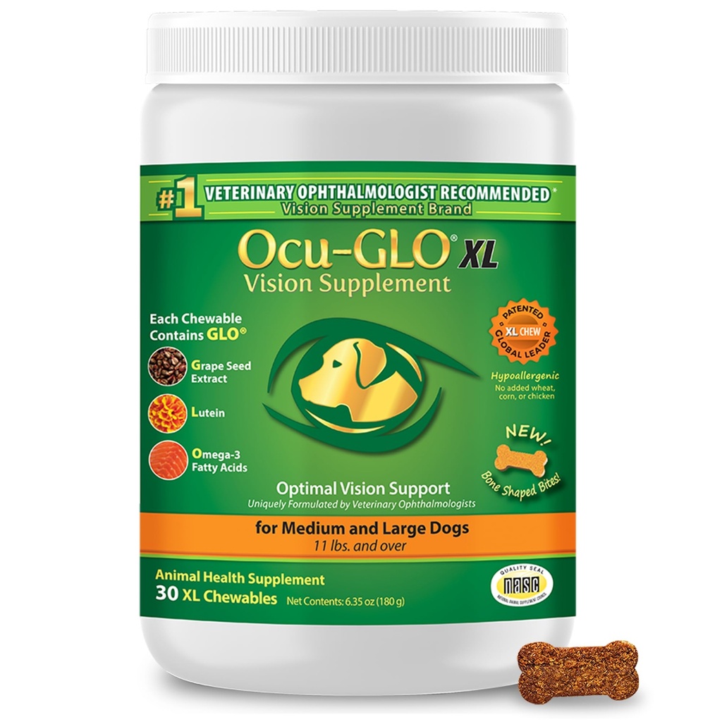 Ocu-GLO Cat & Dog za podporo očem - Žvečilni vid dopolnilo za velike in majhne hišne nege z luteinom, Omega-3 maščobne kisline, izvleček grozdnih semen in antioksidanti 30 XL žvečilke