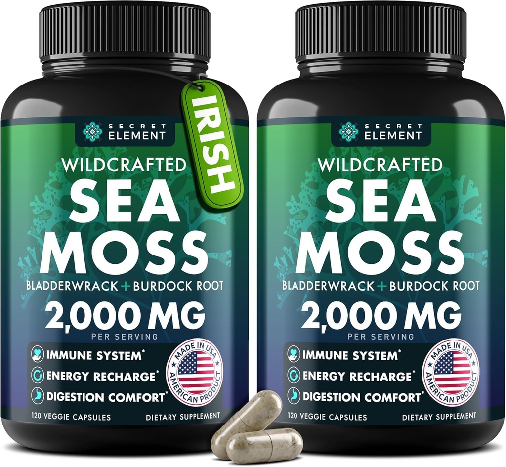Kapsule Sea Moss - Ireland Sea Moss Napredno z Burdock Root, Bladderwrack & Muira Puama za imuniteto, Gut, & Energija - Superfood Sea Moss dodatki w/Raw Sea Moss Powder (2 paket)