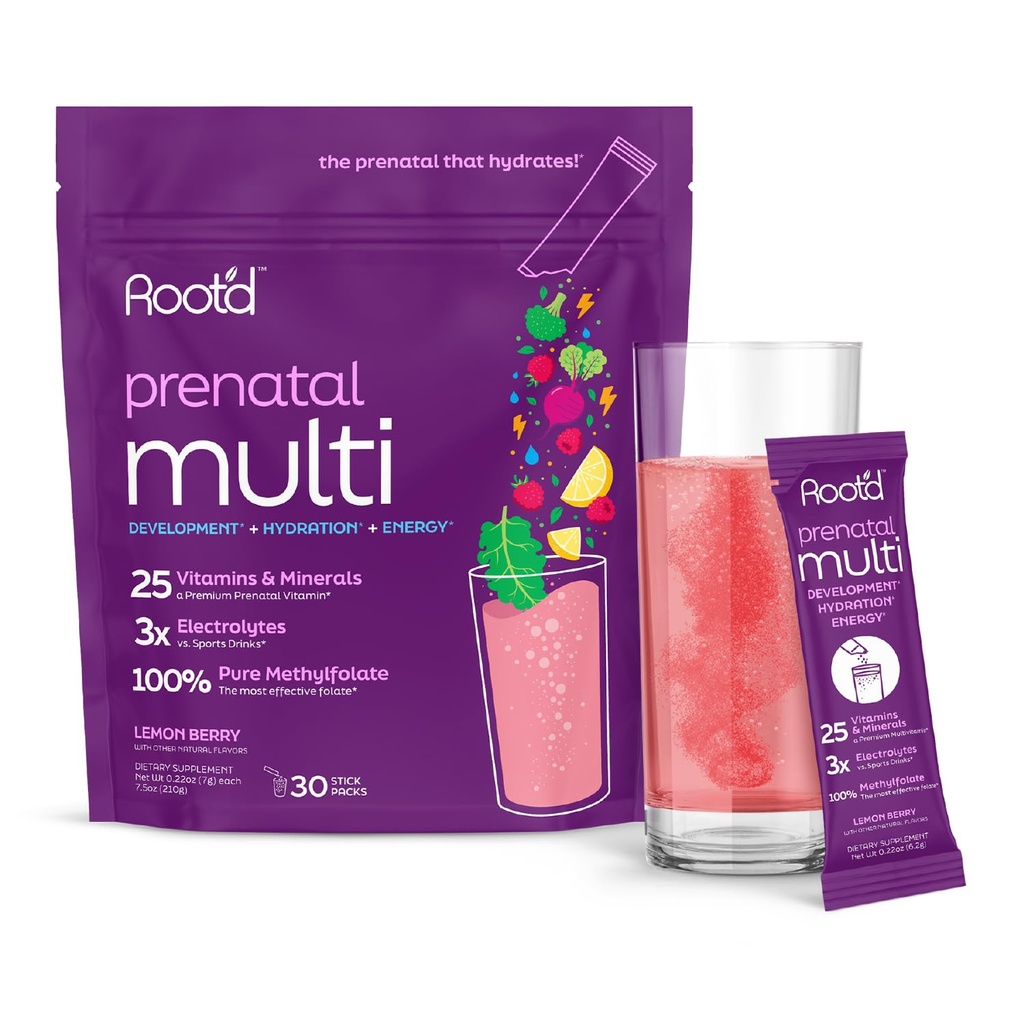 Root'd Prednatalni multivitaminski prašek - 25 Vitamini in minerali s 3x elektroliti, Folat, železo, D3 za mamo in otroka, 7 Superfood & probiotiki, brez sladkorja vitamini in hidracija 