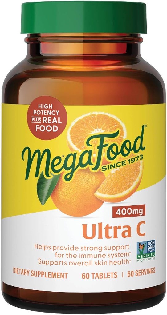 MegaFood Ultra C 400 mg - Veganski imunski dodatek z vitaminom C, izdelan s pravo hrano, vključno z brokoliji, korenjem, brusnicami in rjavim rižem, Gluten-free, Kosher - 60 tablet, 60 postrežb