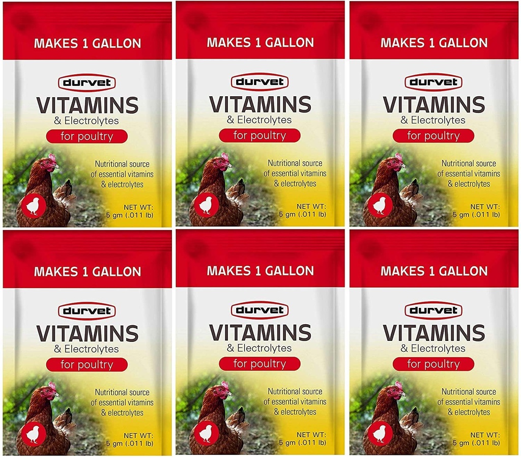 Durvet 6 Paket vitaminov in elektrolitov za perutnino, 5 Gram, naredi 6 galon