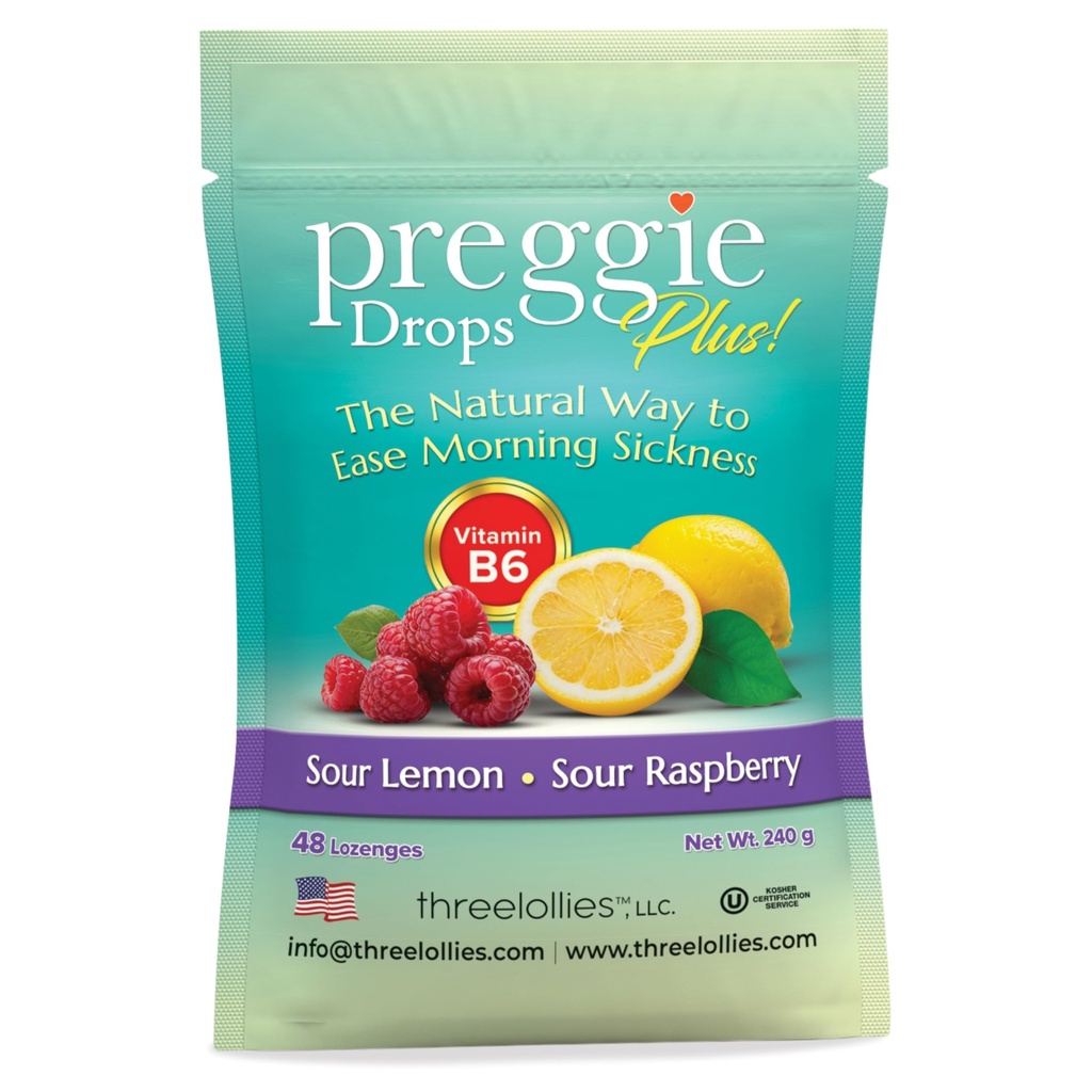 Preggie Pop kapljice Plus utrjena z vitaminom B6 - Jutranja bolezen Relief utrjen z vitaminom B6. Preggie Pops za lajšanje za nosečnice Candy kapljice. Kislina malina & Sour Lemon 48 Count