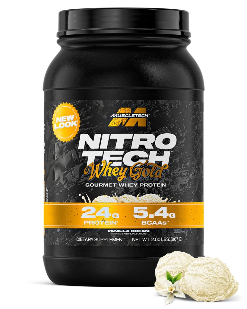 MuscleTech Whey Protein Powder (Vanilla Cream, 2LB) - Nitro-Tech Whey Protein Isolate Smoothie Mix for Lean Muscle & Recovery - 24g Whey Gold za ženske in moške - pakiranje maj Vary