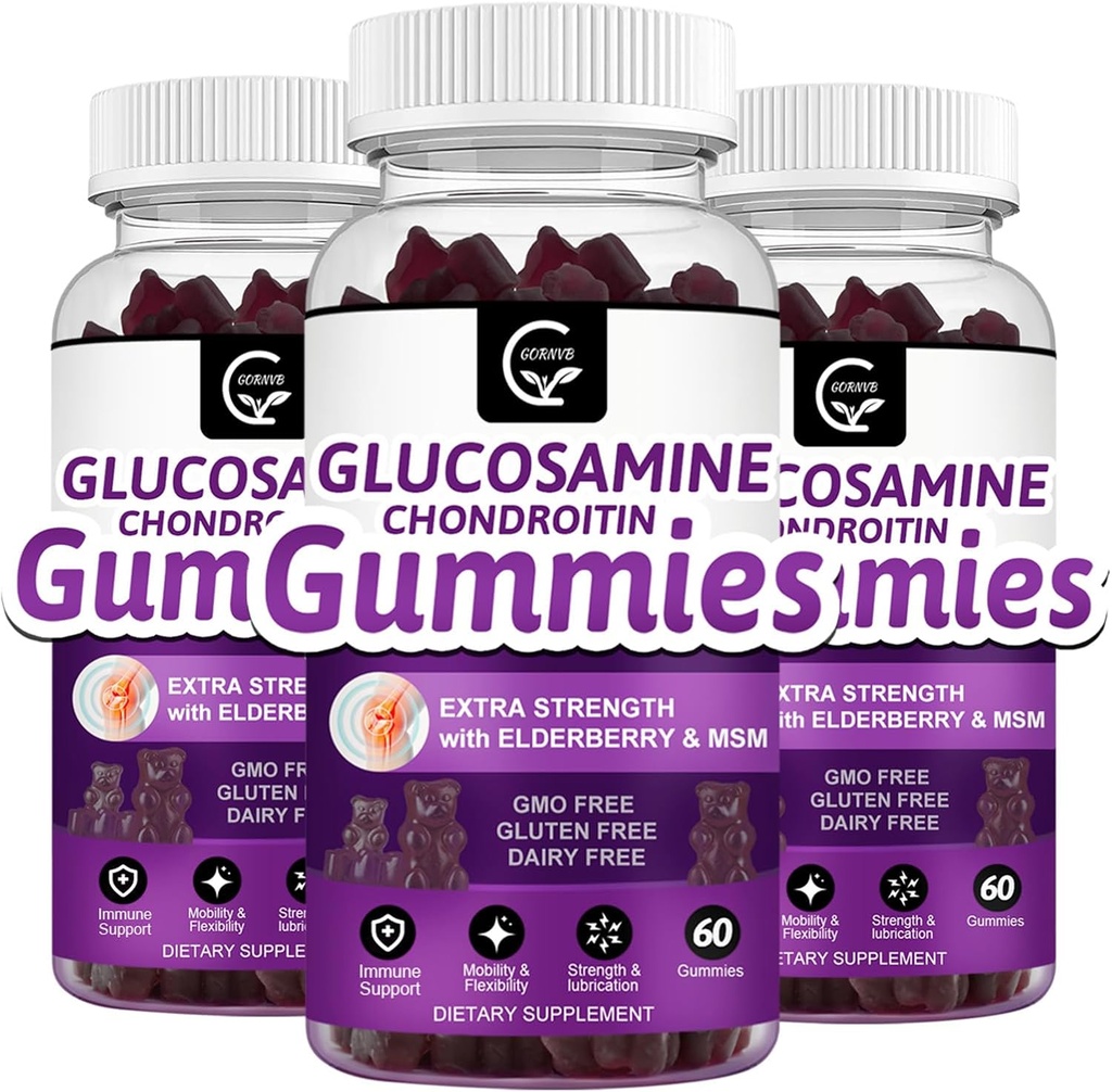 Glukozamin Chondroitin Gumies z MSM & Elderberry – Dodatna moč Mobilnost in prilagodljivost Podpora, Antioksidant Imune dodatek za odrasle, moške in ženske - 60 Chondroitin Gumies (3 paket)