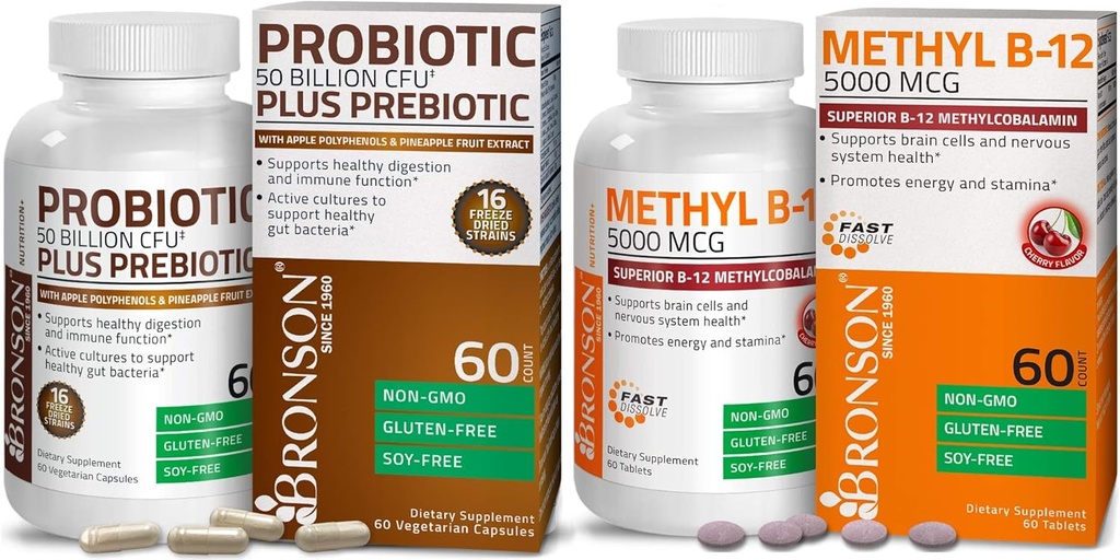 Bronson probiotik 50 milijard CFU + prebiotik z izvlečkom jabolčnega polifenola in ananasovega sadja + metil B12 5000 μg vitamin B12 metilkobalamin
