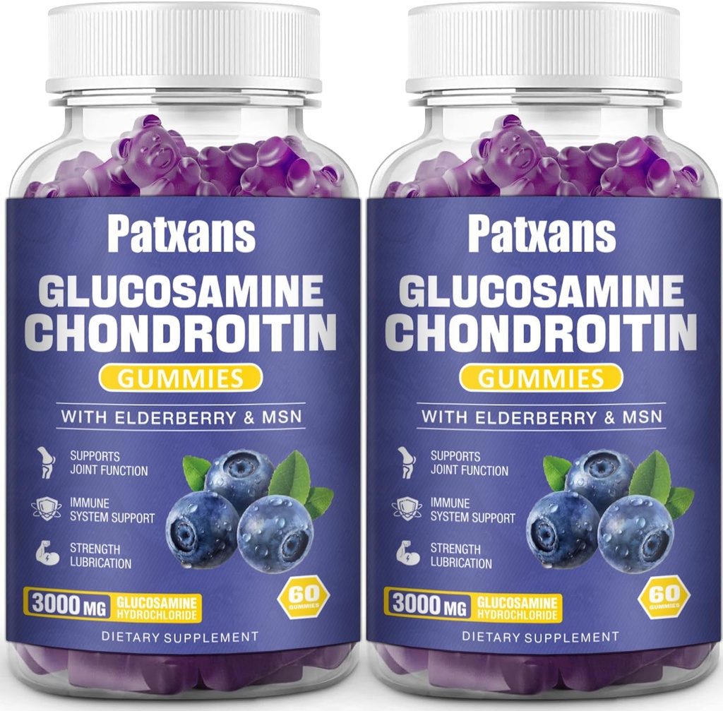 2 Packs 3000MG Glukozamin Chondroitin Gumies - Extra Strength Joint Health & MSM Elderberry Natural Joint Supplement, Fleksibilnost, Antioksidant imunske podpore za odrasle, 120 Gumies.
