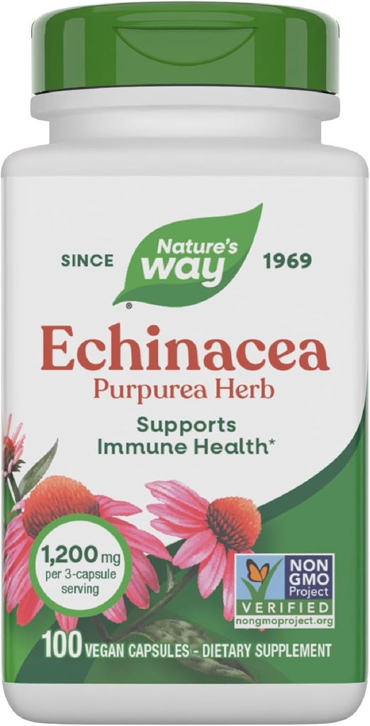 Narava Echinacea Purpurea Herb, Imunska podpora dodatek*, 1200 mg na odmerek 3-kapsula, Projekt Non-GMO Verified, Vegan, 100 kapsul (Packaging May Vary)