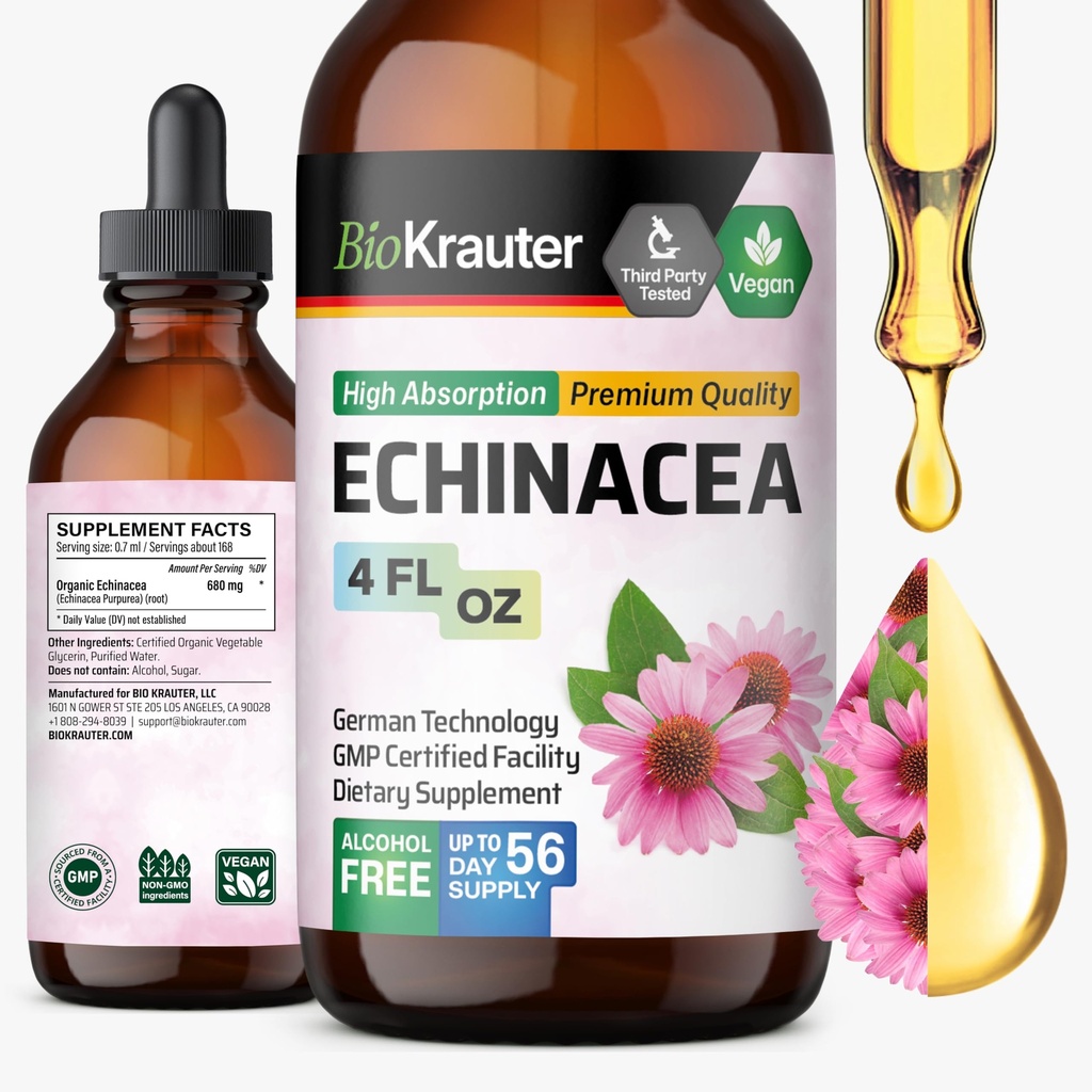 BIO KRAUTER Echinacea Kapljice - Naravna Imunska podpora - Echinacea Tincture dodatek - Vegan, Alkohol & Sladkor Brez kapljic - 4 Fl.Oz.