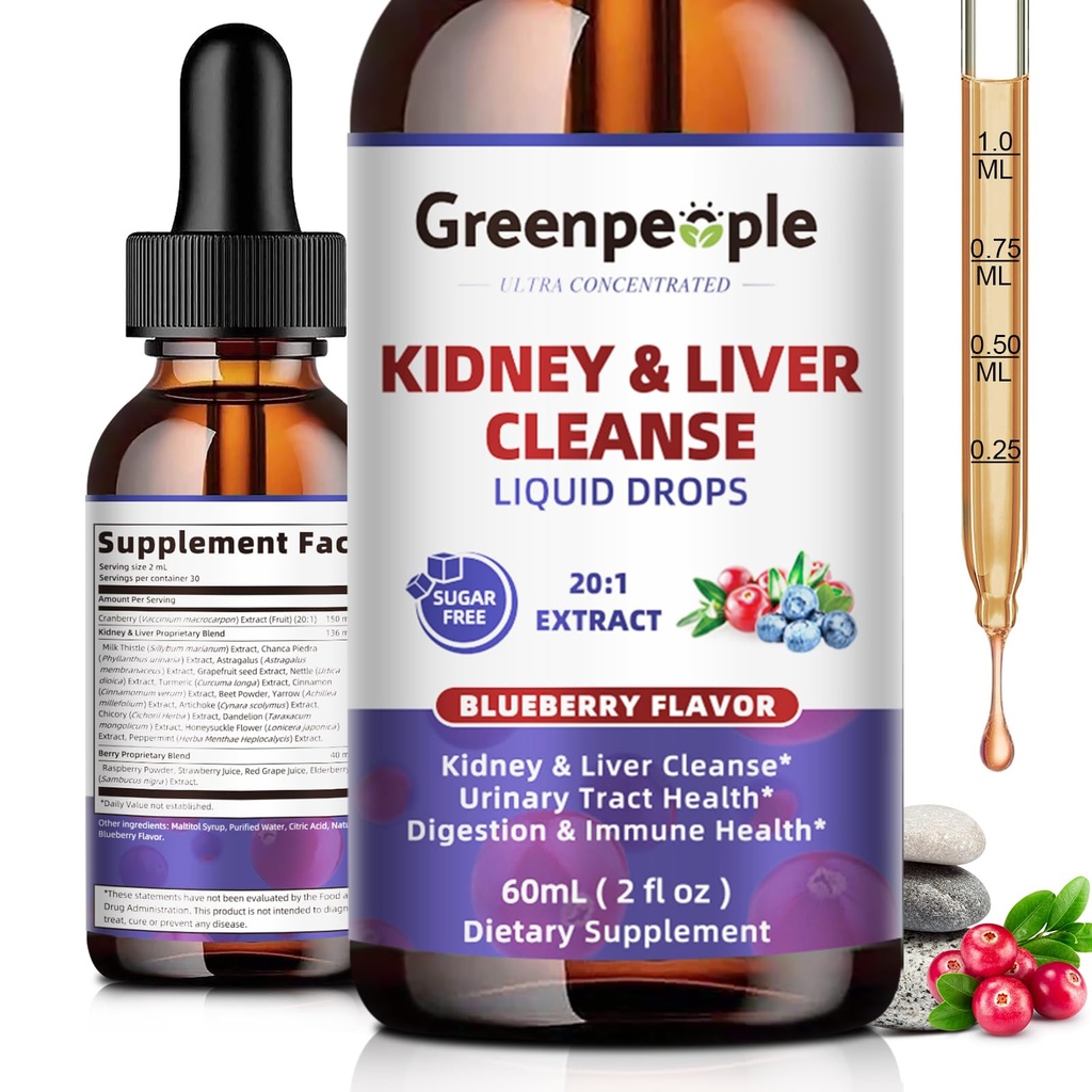 GREENPEOPLE Ledvična čistila Detox in popravila - 27-In-1 Kapljice za ledvice in jetra z 20:1 Cranberry Extract & Chanca Piedra, Alkohol-free dodatek za podporo sečil Tract in jeter (2 Oz 1 Pack, Blueberry)