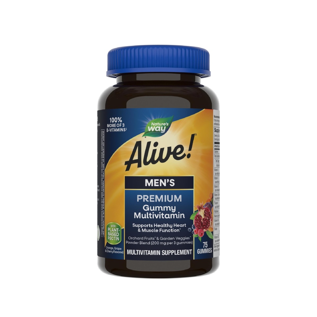 Naravna pot živa! Moški Premium Gummy Multivitamin, Podpira zdravo srce, mišične funkcije*, Full B-vitamin kompleks, Orange, Grozdje, češnjeva aroma, 75 Gumies (Packaging May Vary)