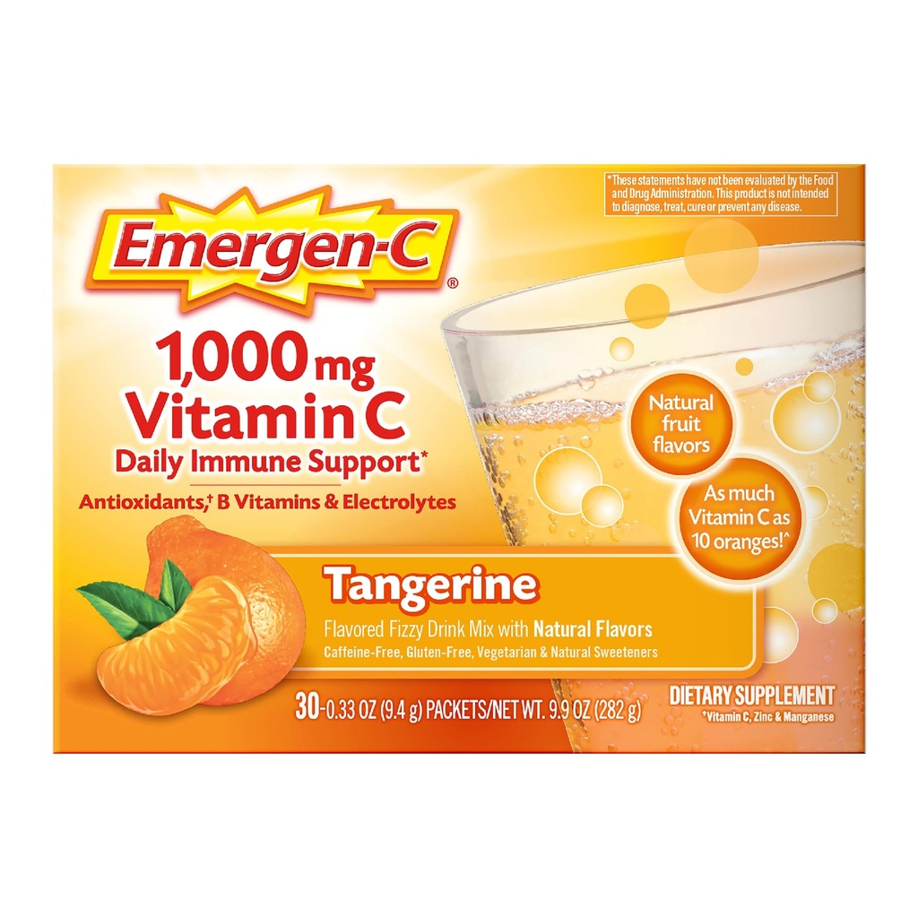 Emergen-C 1000mg Vitamin C Imunska podpora v prahu Tangerin 30CT vključuje cink, mangan, 7 B Vitamini in elektroliti za Nazaj v šolske esenciali