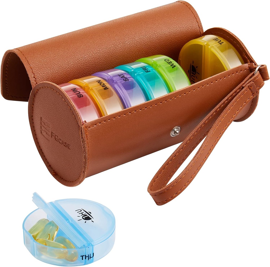FGcase tedenske tablete Organizator 2 krat na dan Velika 7 dan Mavrične tablete Škatla z Brown PU Usnje Primer Prenosna potovalna zdravila Container AM PM tablete Škatla za vitamine, ribja olja, Medicina, Dodatki