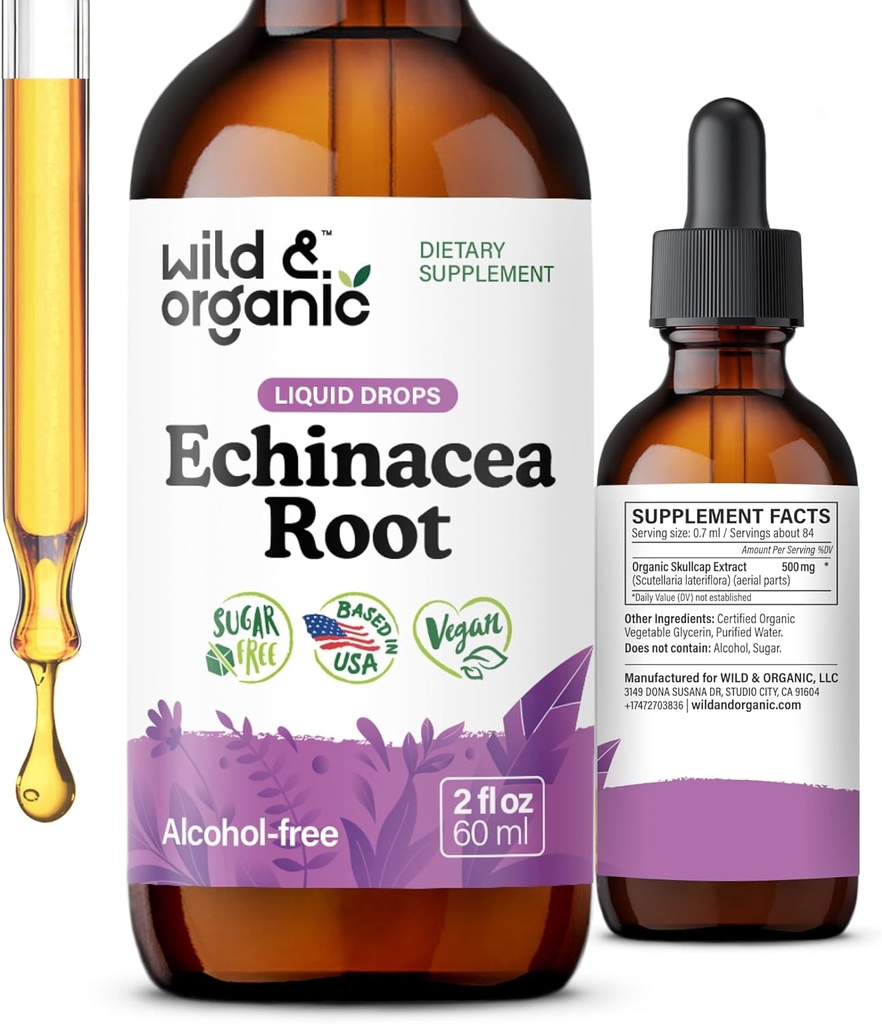 Wild & Organic Echinacea Tinkture - Imunska podpora Kapljice s tekočimi Echinacea Root Extract - Angustifolia dodatki - Vegan, Sladkor & Alkohol brez - 2 fl oz