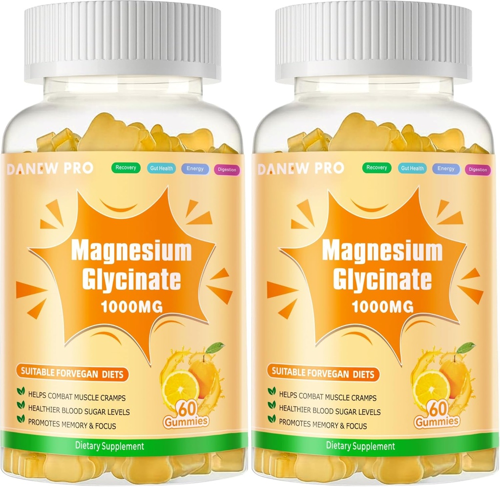 Magnezij Glycinate Gumies 1000mg - Brez sladkorja Magnezij Kalij dodatek z vitaminom D, B6, CoQ10 za mirno Mood in podporo za spanje - 120 Orange Gummies