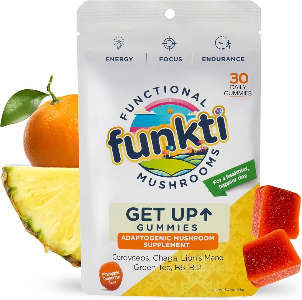 Fokus gobe Gumije za odrasle, Gobe dopolnilo s Cordyceps, Levja griva, Chaga, B6, B12, Zeleni čaj - Get Up Gumies, Ena na dan - Max moč