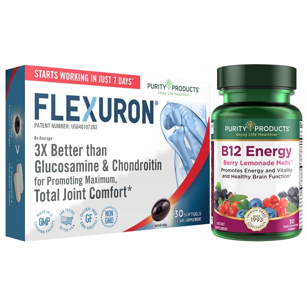 Izdelki čistosti Flexuron Joint Formula + B-12 Energy Melt Flexuron (Krill olje, nizkomolekularna masa hialuronska kislina, astaksantin) - B12 Energy Melt (Metilkobalamin B12, vitamin D3, biotin + več)