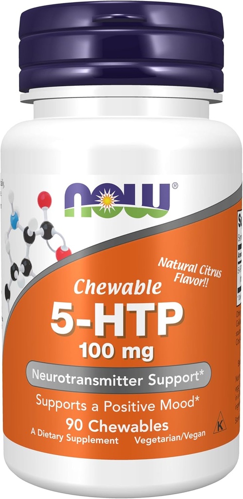 NOW Foods Supplements, 5-HTP (5-hidroksitriptofan) 100 mg, podpora nevrotransmiterjem*, 90 Žvečljivi