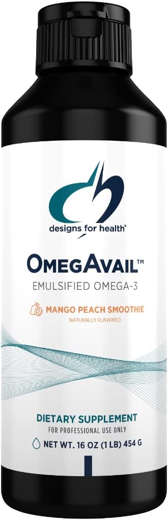Designs for Health OmegAvail Smoothie - Omega 3 TG Triglicerid Fish Oil Emulsion z DHA + EPA - Tekoči dodatek za kardiovaskularno in možgansko podporo, Mango Peach Flavor (43 Servings / 16oz)