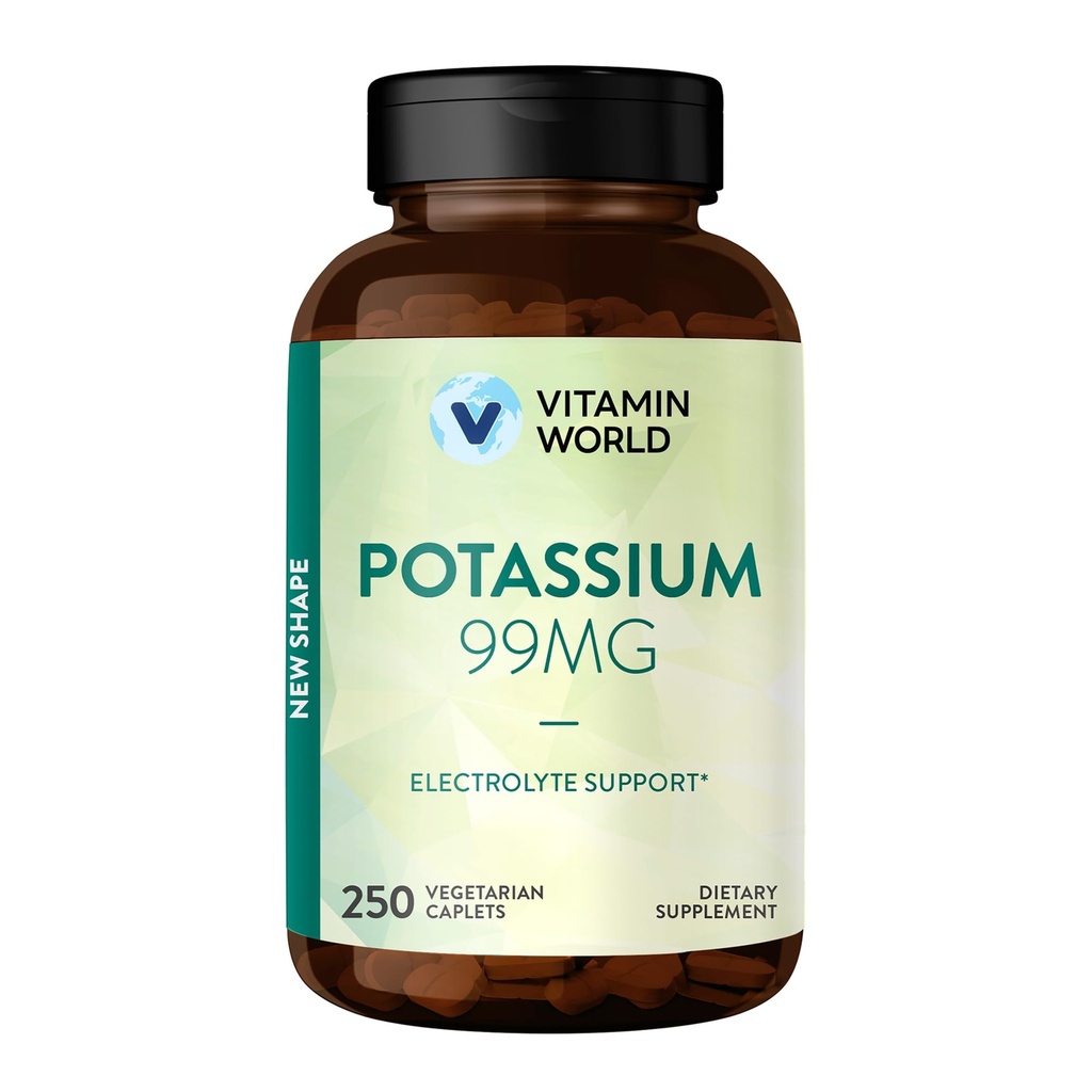 Vitamin World Potassium 99 mg - 250 Vegetarian Caplets, Potassium Gluconate Supplement for Electrolyte & Muscle & Nerve & Heart Support, Gluten-Free, Once Daily, 250 Days Supply