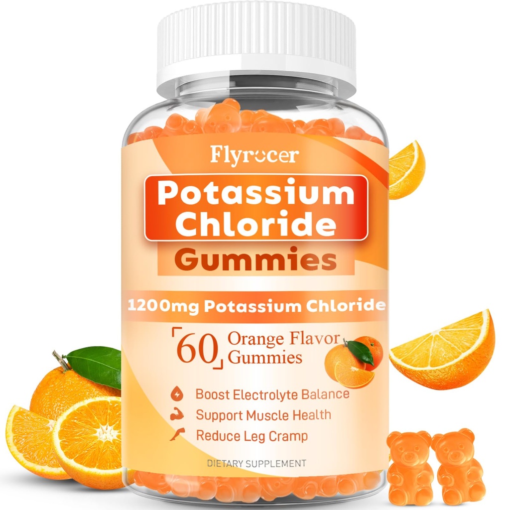 Potassium Gummies, Potassium Chloride for Adults, Sugar-Free Potassium Supplement Gummies Support Electrolyte Balance & Leg Cramps for Women & Men, Orange Flavor, Vegan, 60 Count