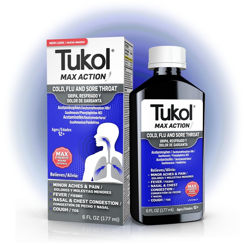 TUKOL Max Action - Cough & Cold Medicine, Cold & Flu Medicine for Adults, Relieves Sore Throat, Fever, Nasal & Chest Congestion, Ages 12 and Up, Max Strength Formula, 6 FL OZ | Max Strength Formula, Relieves Sore Throat, Fever Relief, Nasal & Chest Congestion, Liquid