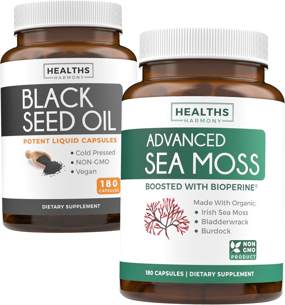 Olje črnega semena in irski morski moss (3-mesečna zaloga) - Duo paket črnega olja (180 kapsul) Nigella Sativa & Irish Sea Moss (180 kapsul) z Bioperinom in Bladderwrackom