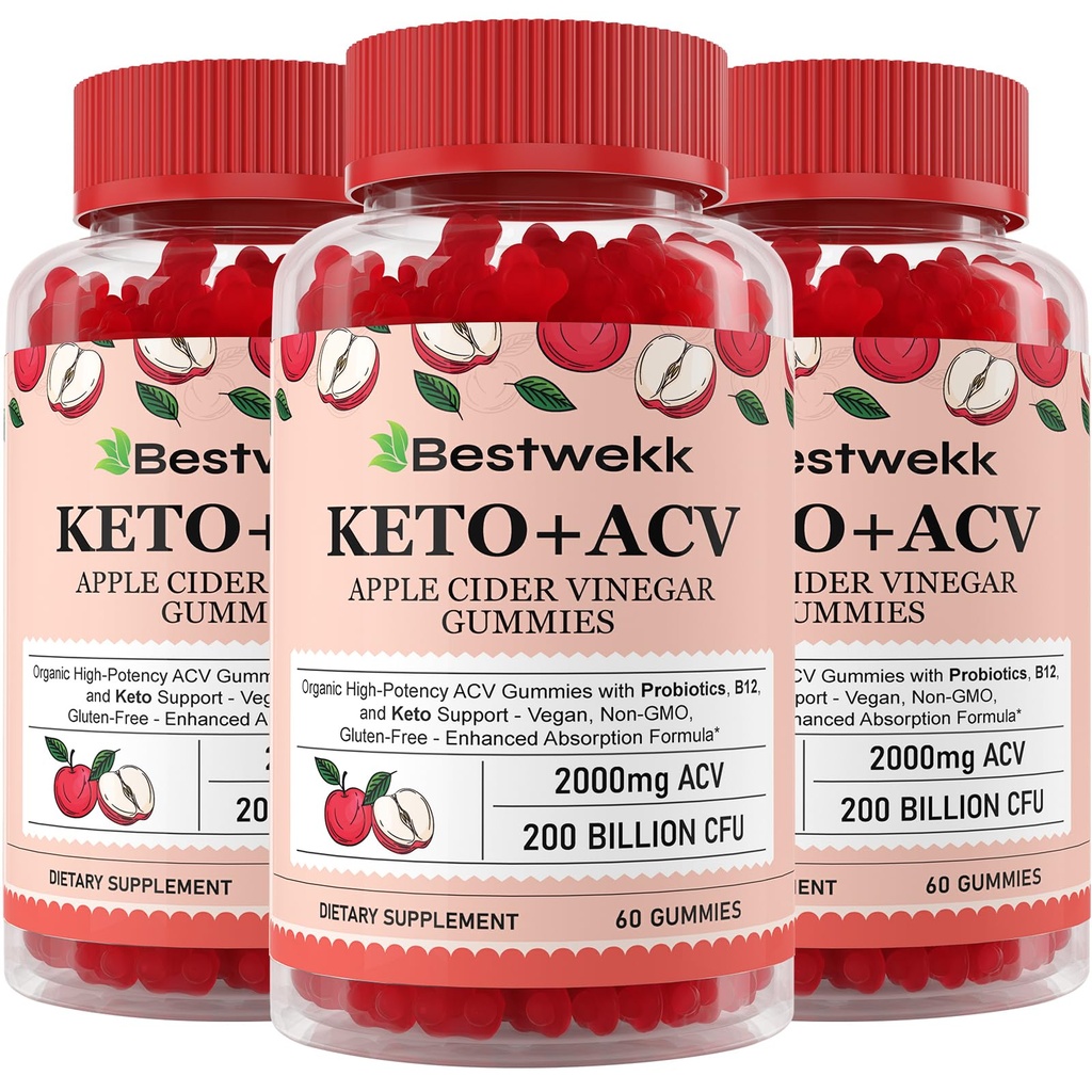 Jabolčni vinski kis, Max Jakost 2000mg ACV Gummy s probiotiki, B12 in Keto podpora, Za prebavo, Presnova, Detox, Gut & Imune Health, Želatina-free, Non-GMO, 180 keto acv gumiji