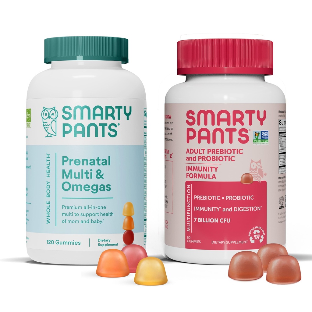 SmartyPants Prenatalni multivitamini in probiotični imuniteta paket: Omega 3 ribje olje (EPA/DHA), Biotin, metilfolat, Vitamin D3, C, Prebavni in Imunski dodatek (30 dnevna oskrba)