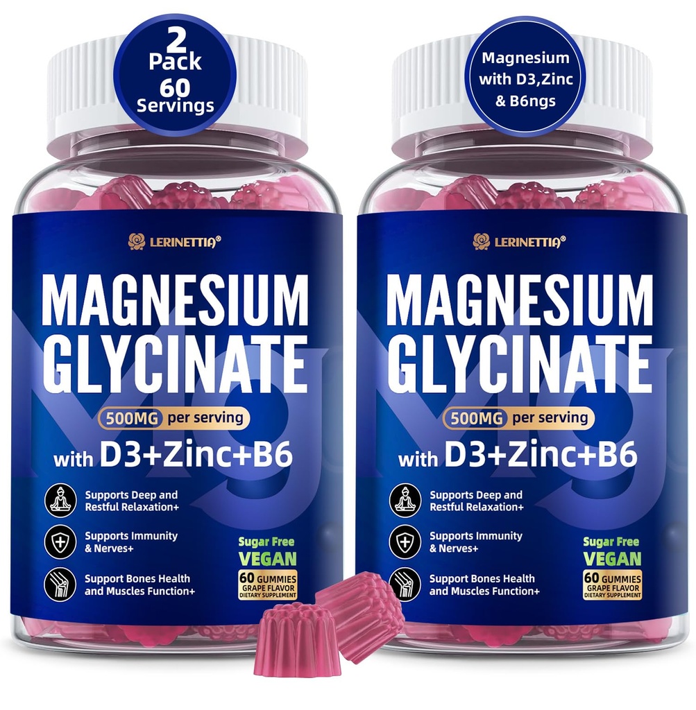 Magnezij Glicinat 500mg/250mg za odrasle Najstnice - Plus D3,B6 & cink - Magnezij Glicinat Gumies, Visoka absorpcija - Podpora za sprostitev,Brain,Bone & Immuniteta zdravje - Sladkor brez - 120Cts