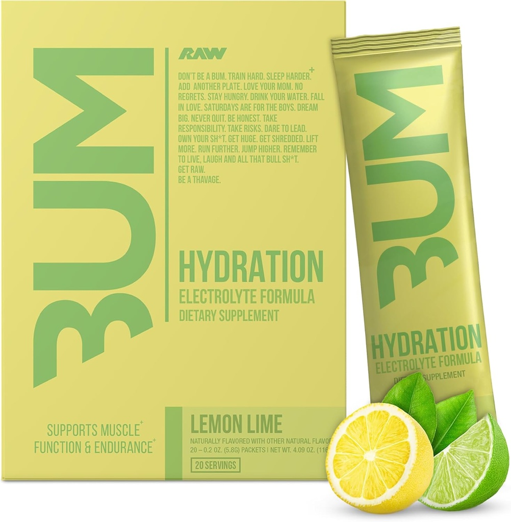 RAW Electrolities Powder Hydration Drink Mix Packets, Bum Hydrate (Lemon Lime, 20 Serving) - Elektrolit Hydration Packets podpira delovanje mišic in vzdržljivost - Keto Free Electrolytes Powder Packets