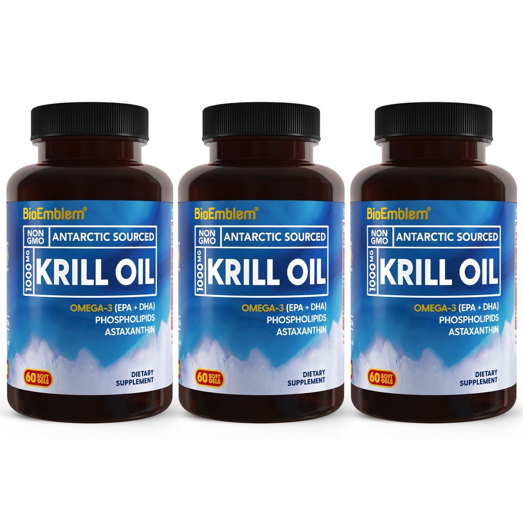 BioEmblem 3 Pack Antarktika Krill Oil 1000mg Mehkužci, Omega-3s Oil z visoko stopnjo EPA + DHA, Astaksantin, in fosforolipidi, Podpira zdravje možganov, 180-Count Non-GMO, Gluten Free, 90 dni dobave