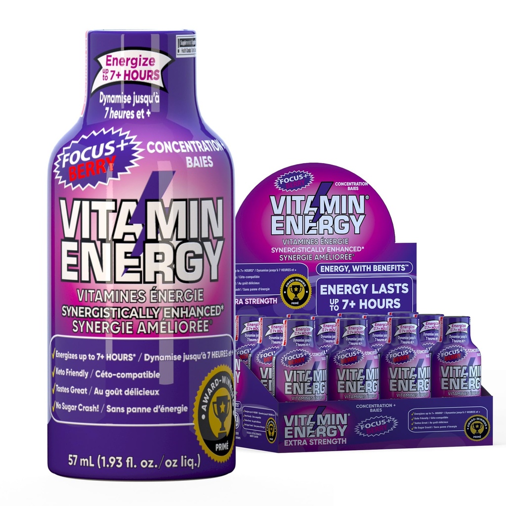 Vitamin Energija Fokus+ Ekstra Energija Shot Berry 12 Pack, 260mg Naravni kofein, B-Vitamini, CoQ10, Aminokisline, Fokus, Produktivnost in čistost, Nič sladkorja, Gluten-free, 1,93 fl oz