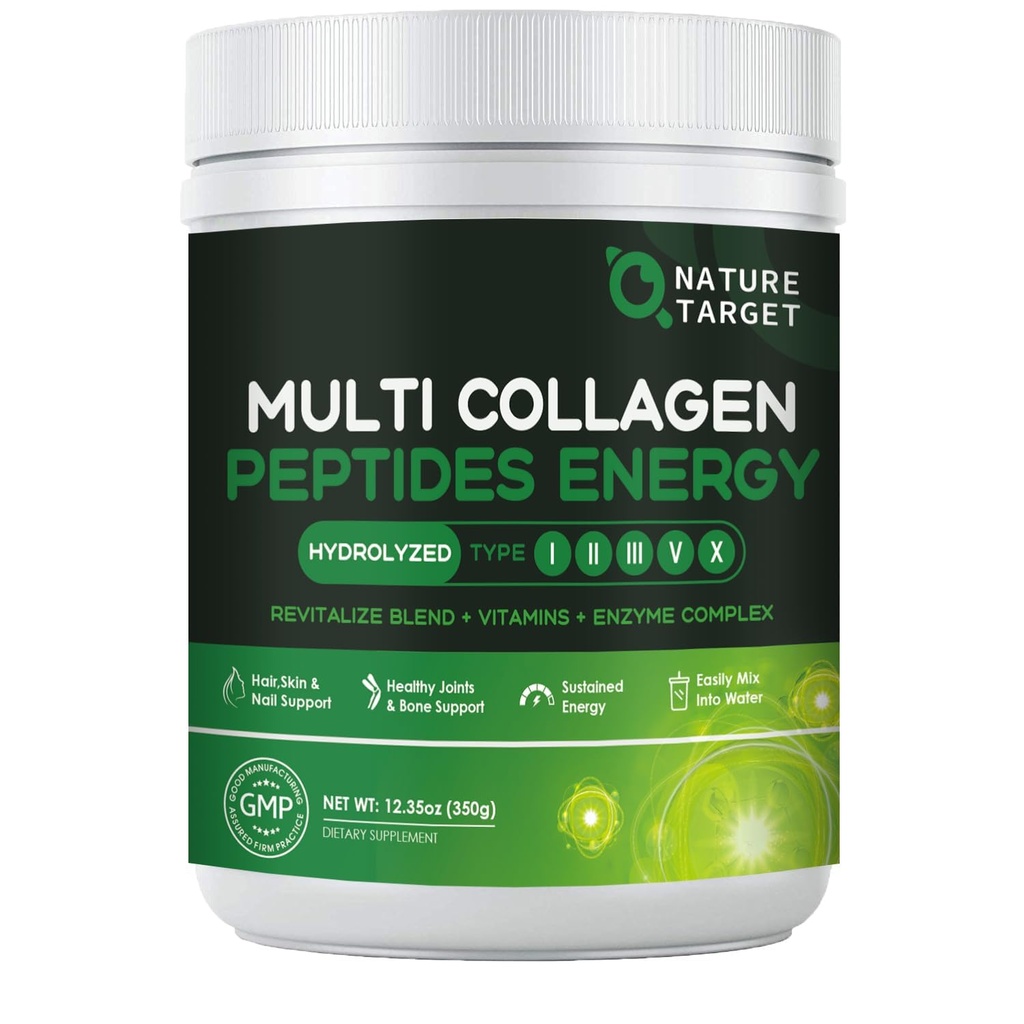 NATURE TARGET Multi- Collagen-Peptides-Powder - Hidroliziran kolagen z energijsko mešanico + multivitamini in minerali, Podpira energijo kože las nohtov in sklepov, ne-GMO, 35 Servinges