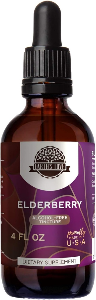 Zemeljska ljubezen - Elderberry Alkohol brez zeliščnega ekstrakta Tinktura, super koncentrirana Bezgova jagoda (Sambucus Nigra) Suho jagodičje (4 Fl Oz)