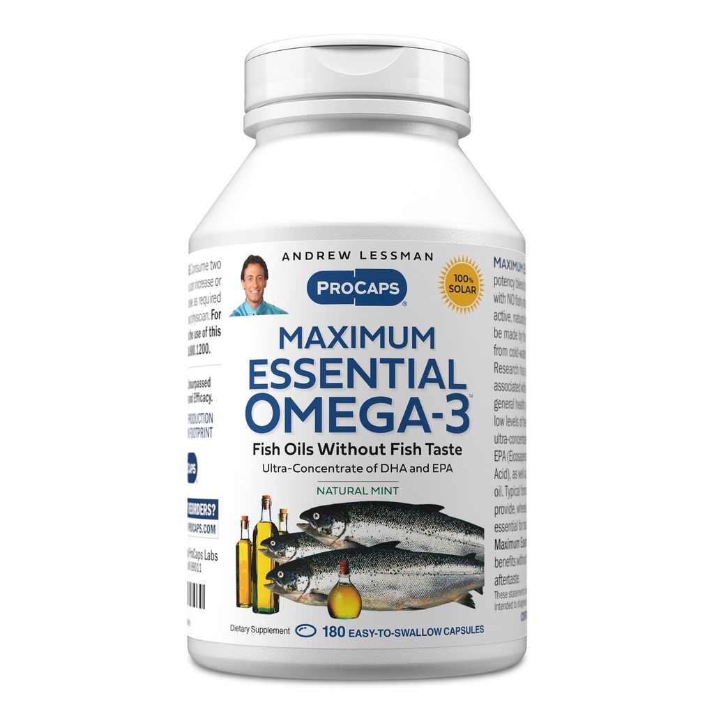 ANDREW LESSMAN Maksimalna Essential Omega-3 Mint - 180 Softgels - Ultra-Pure, Omega-3 Oils. Visoka DHA, brez želodčne vstaje, brez onesnaževalcev, brez živega srebra. Majhen, enostaven za požiranje softgels