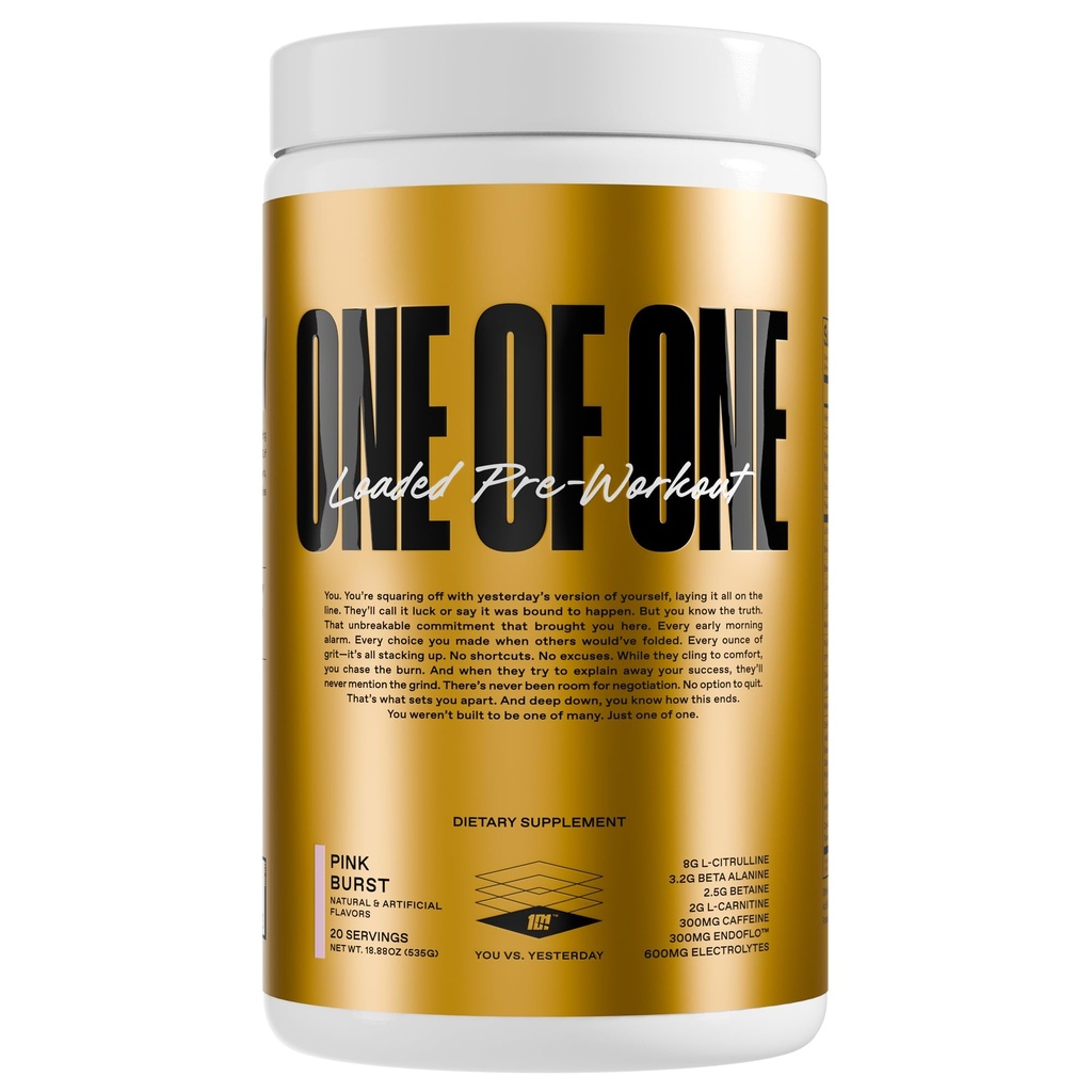 ONE of ONE Naložena pred-workout – High-stim Energy, Focus & vzdržljivost z EndoFloTM, Genius PureTM Alpha GPC, NeuroRushTM, Dynamine®, No Crash, Gluten Free – Pink Burst